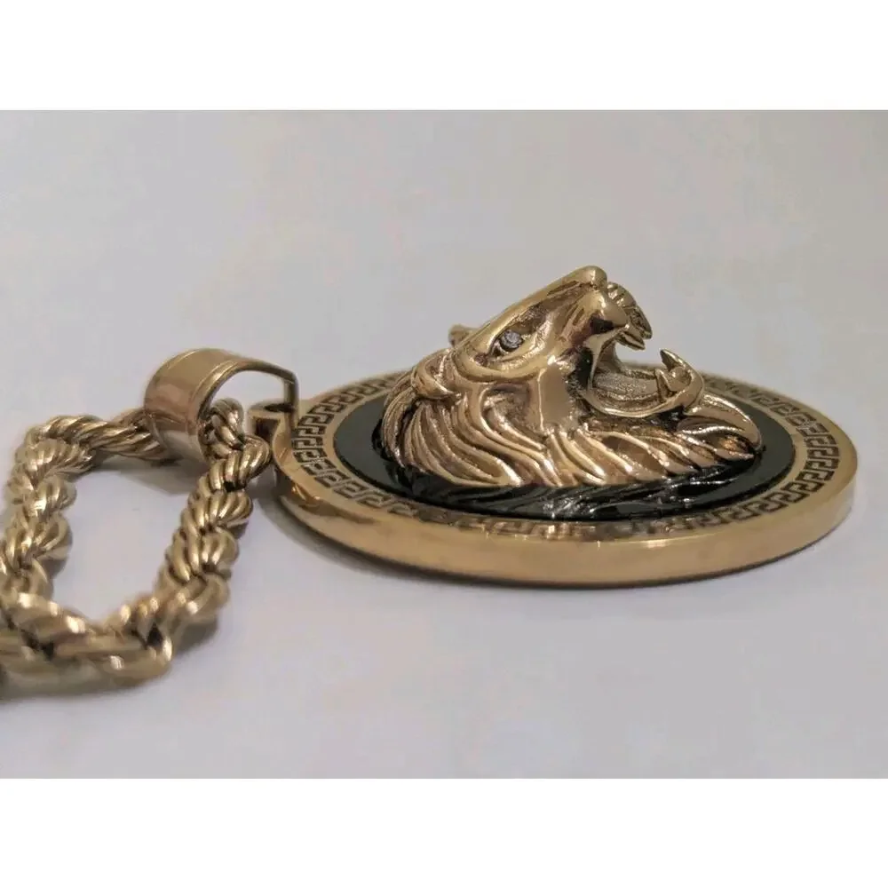 Anthony Jacobs Stainless Steel Lion Pendant Necklace Gold Tone Stone Rhinestone